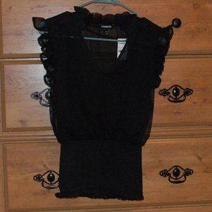 Ruffle, Cinch Waist Black Express Top XXS
